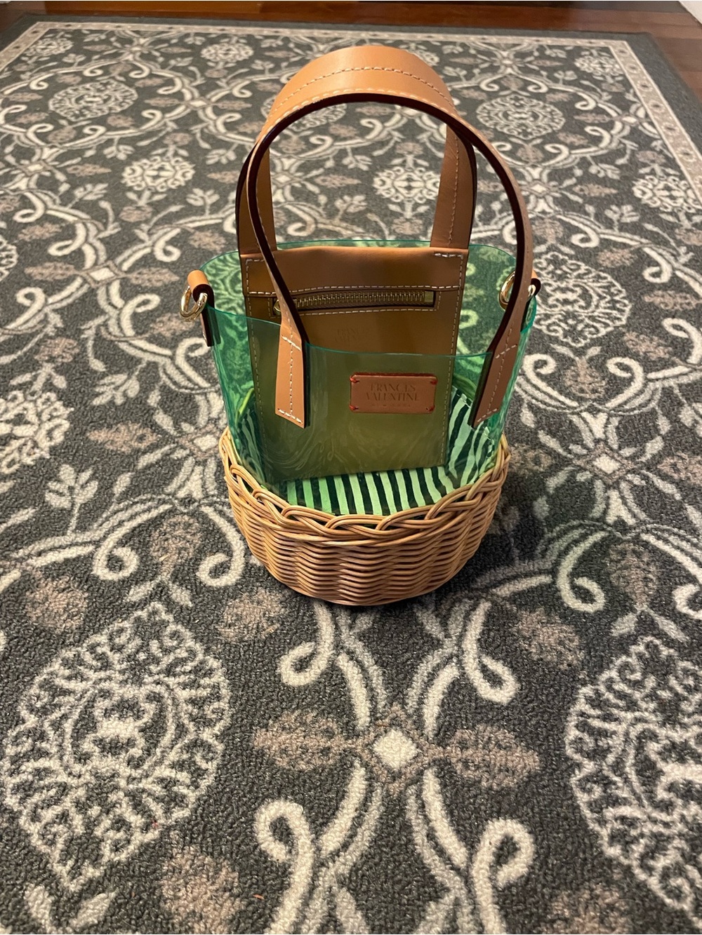 FrancesValentine Green and Brown Woven small Tote with Leather Trim